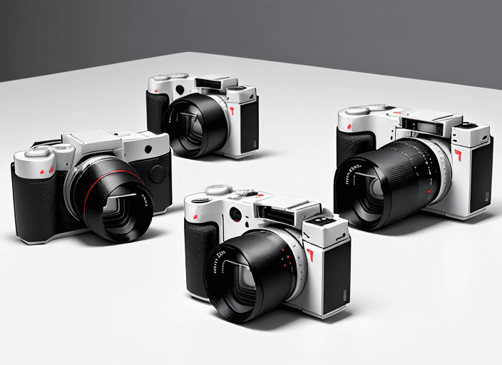 AI generated: Three compact mirrorless digital cameras, fold out screens, arranged in a line on a white surface, f...