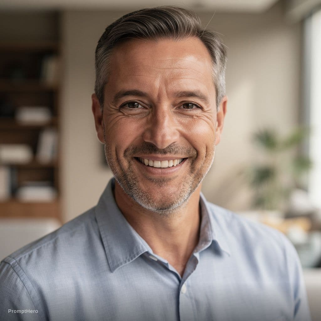 AI generated: headshot of smiling middle aged man in nice hom