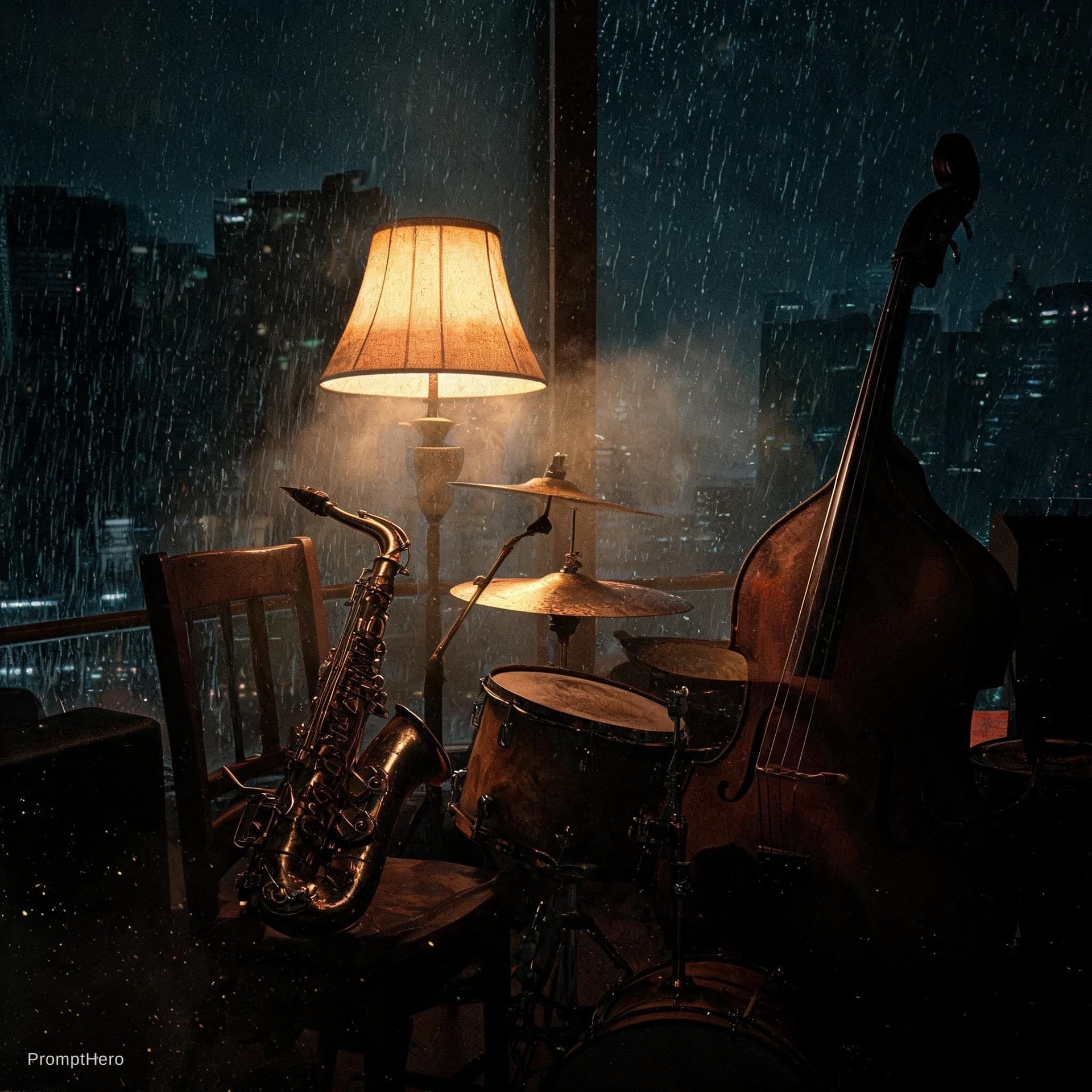 AI generated: A close-up, intimate photograph inside a dimly lit, rain-streaked cyberpunk high-rise. Instead of gl...