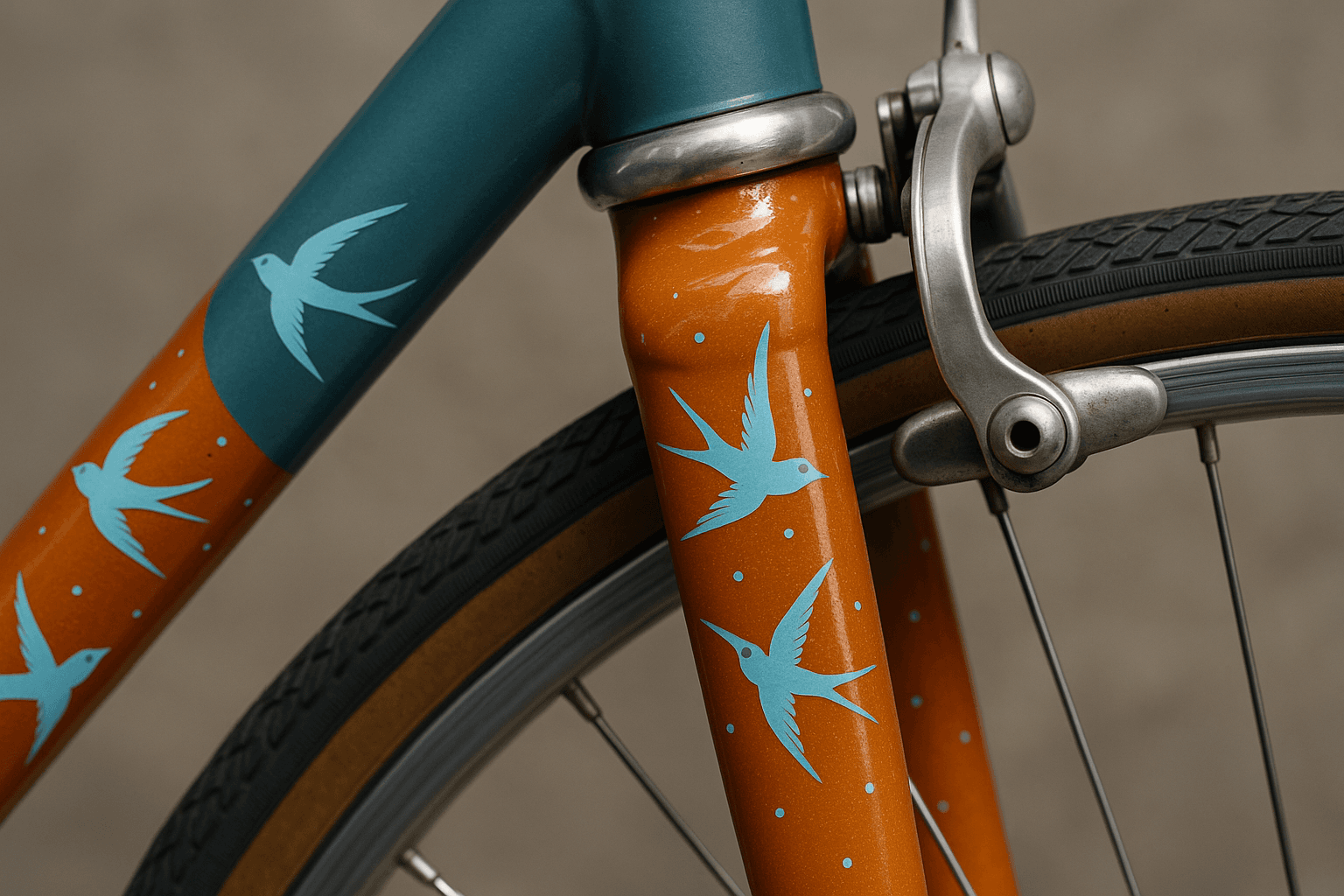 AI generated: Generate a hyperrealistic rendering of the texture and color variations on a bicycle fork. The lower...