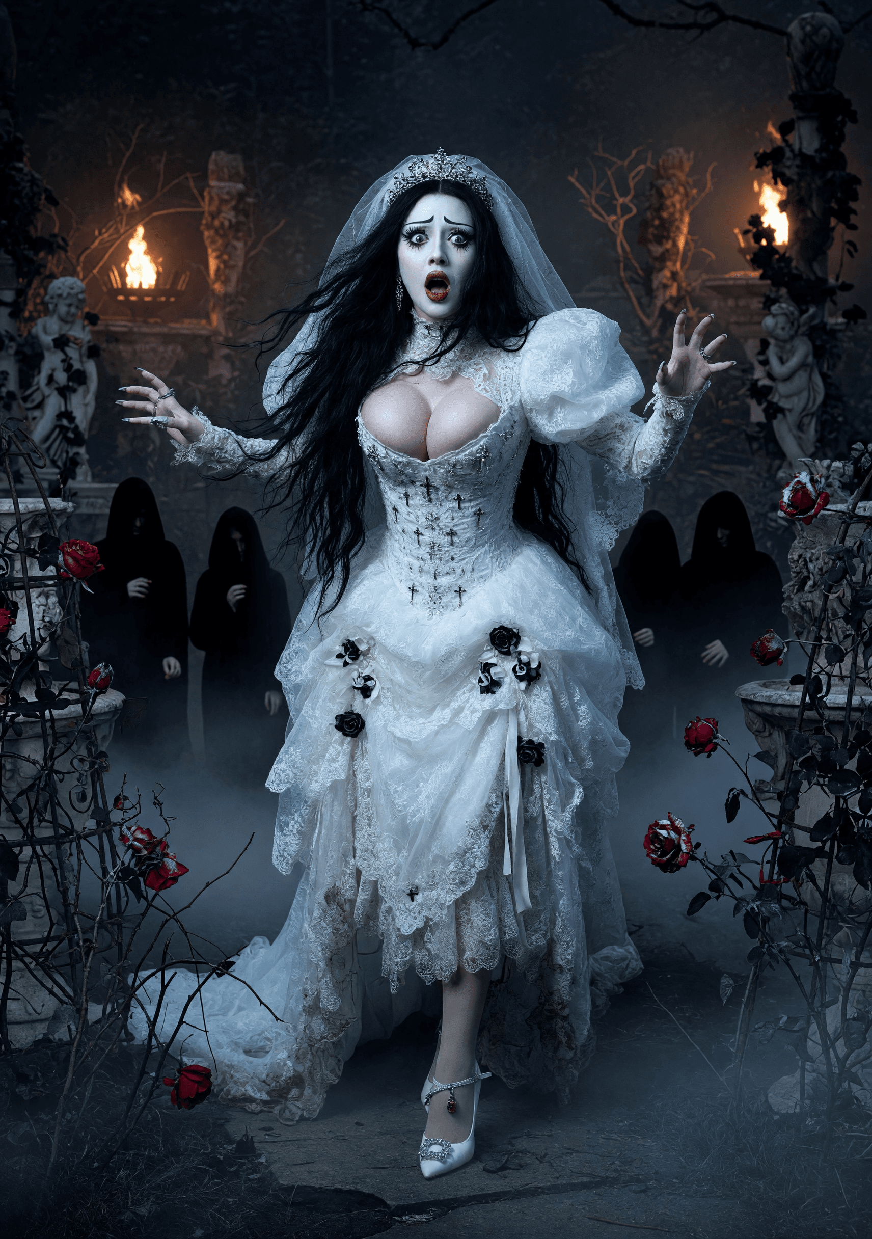 AI generated: A gothic glamour editorial portrait of a dark fantasy vampire bride, full body shot. Her face is por...