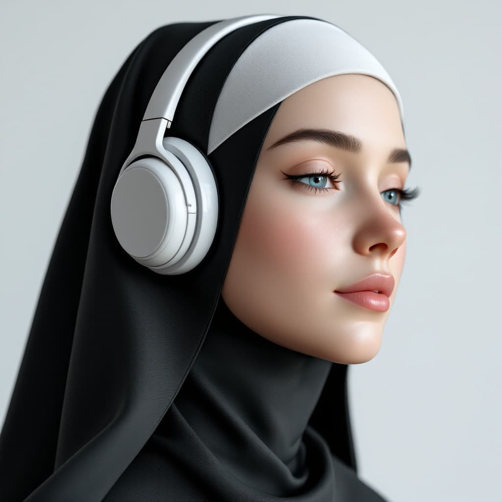 AI generated: 
nun with plastic,  white glossy headphones on , medium close up. 3d
