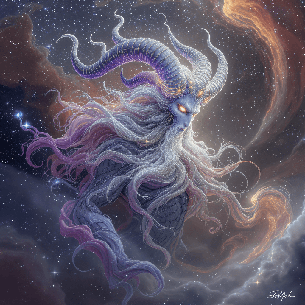 AI generated:  A majestic zodiak fractal figure evokes ancient wisdom and mythical power, which dominate the scene...