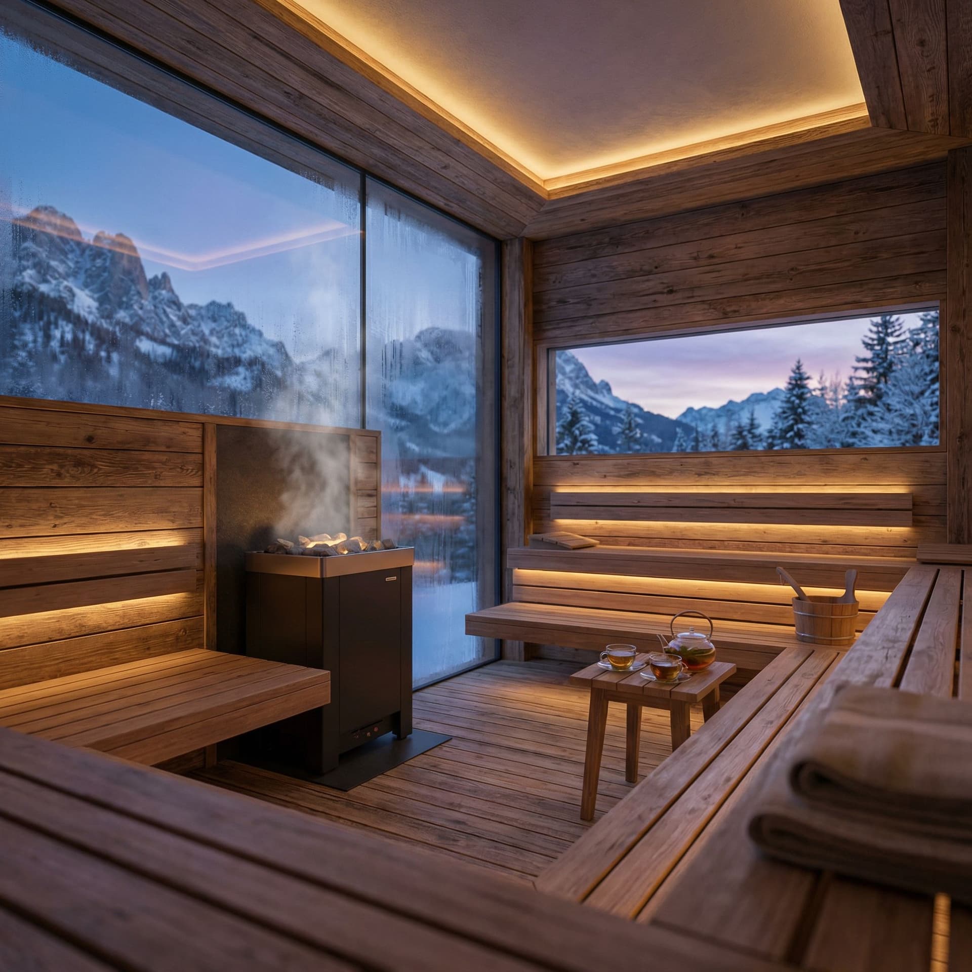 AI generated: A hyper-cozy luxury sauna inside a mountain resort, ultra-realistic and cinematic. The sauna is made...