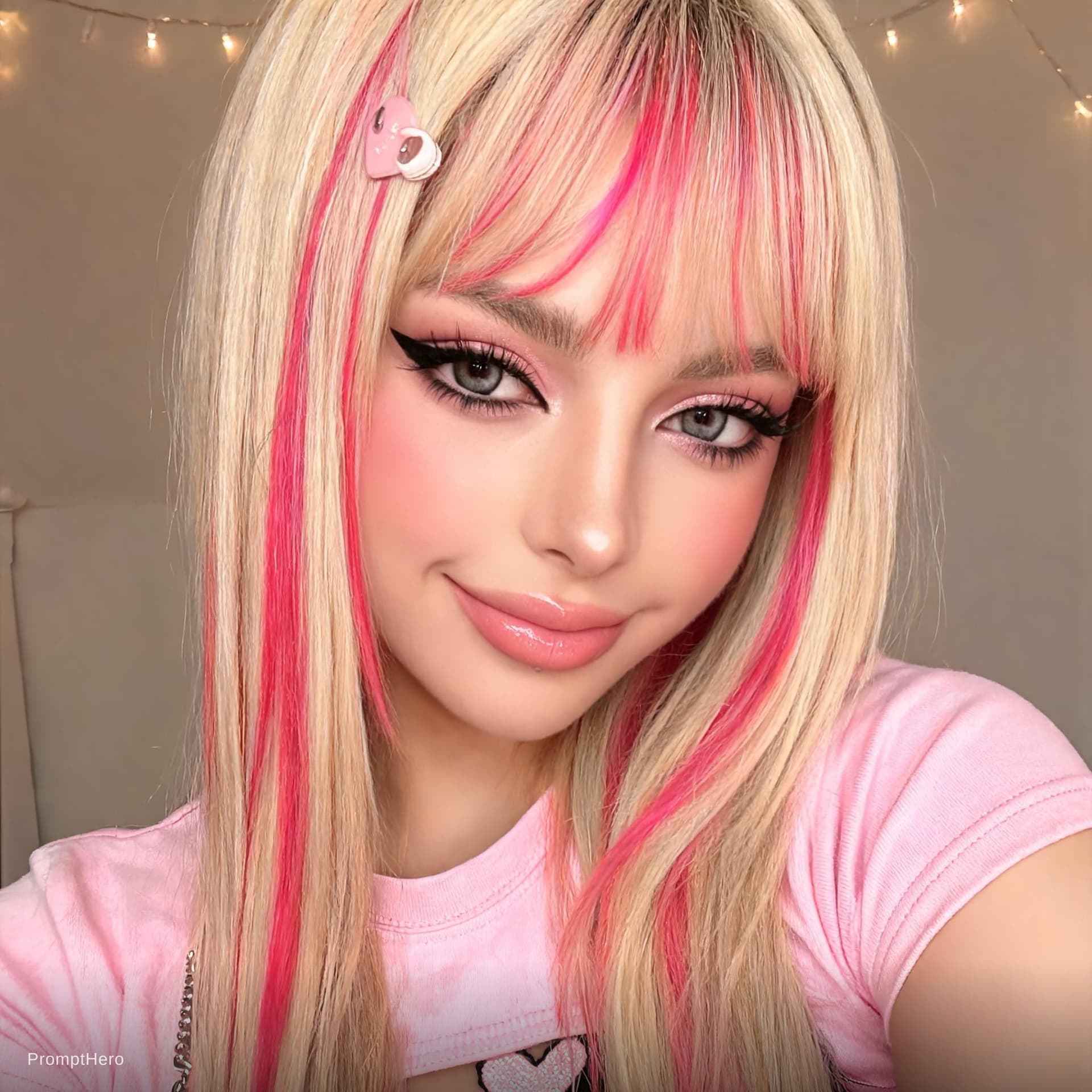 AI generated: alt girl with blonde hair and bangs, pink streaks in her hair, doing gyaru makeup, looks gorgeous he...