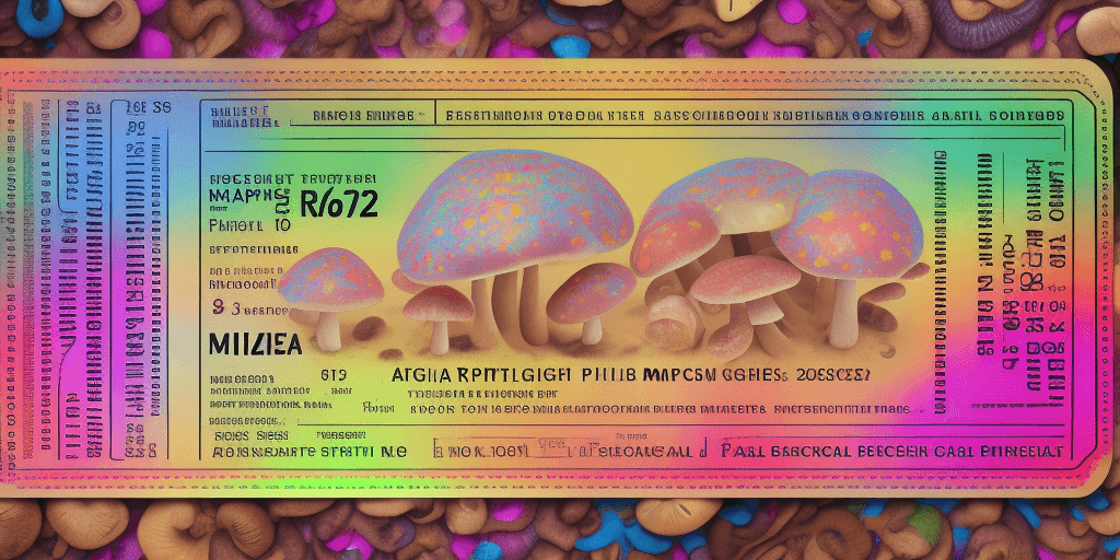 AI generated:  Hyper realistic printed ticket pdf, with name Miguel, with mushrooms, happiness, colorful; 8k, intr...