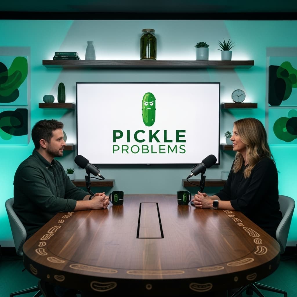 AI generated: create a live working set for a podcast named pickle problems. it should be modern, pickle themed bu...