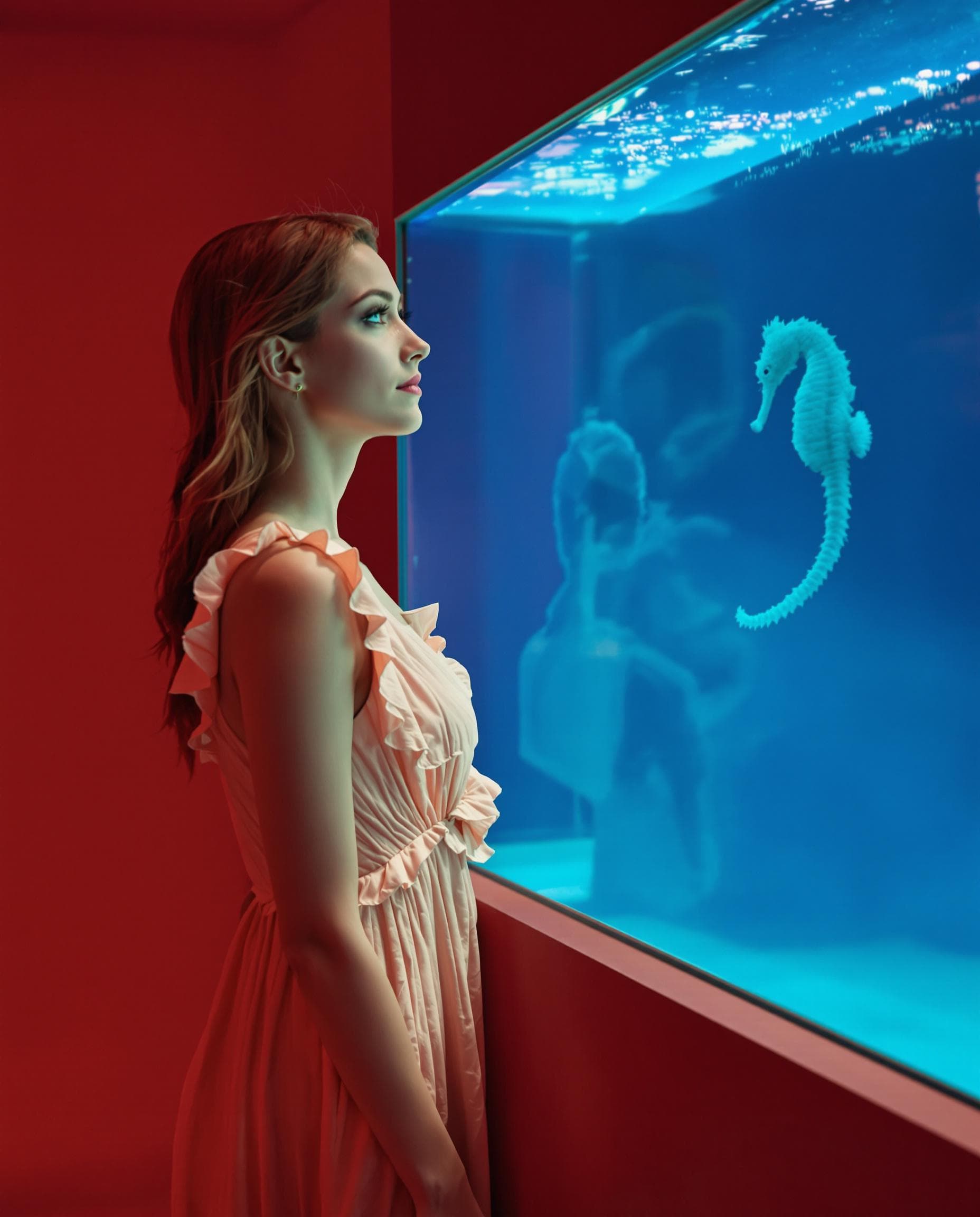 AI generated: Young woman, light-skinned, with auburn hair, in profile view, gazing at a glass aquarium.  Pale pea...