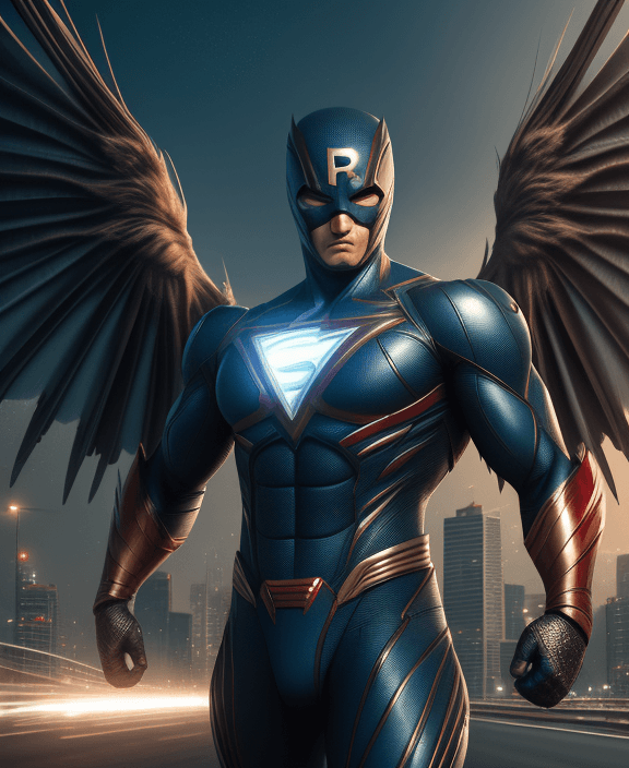 AI generated: superhero from Indonesia, handsome, perfect body, perfect face, wings like a bird, hd, 4k, 8k, vinta...