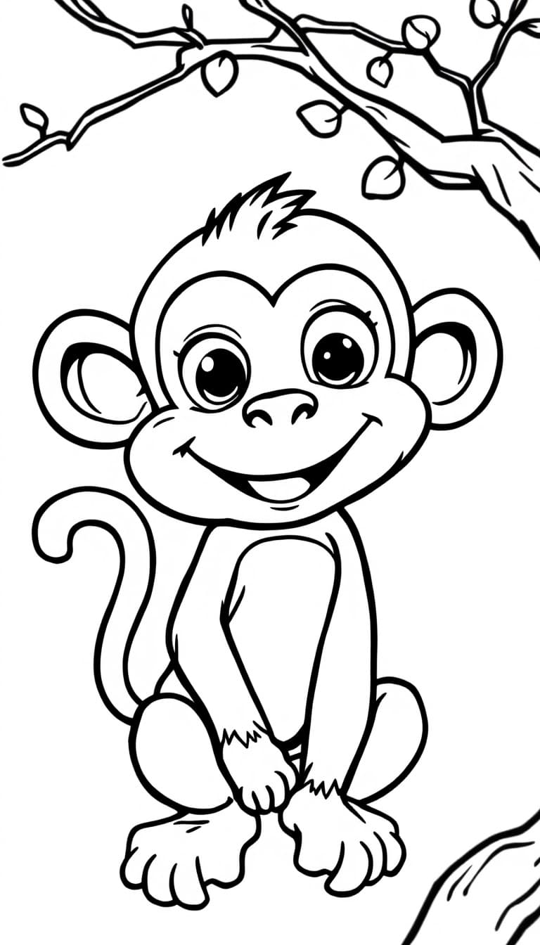AI generated: A cute, cartoon-style monkey designed for a children's coloring book. The monkey has a friendly, hap...