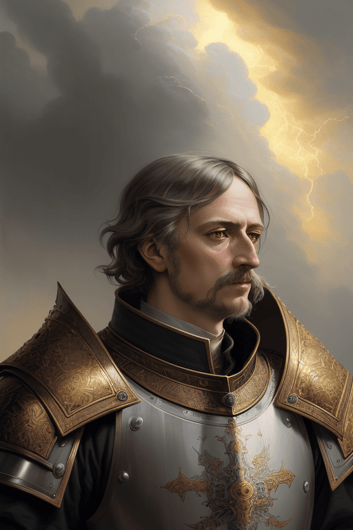 AI generated: breathtaking soft painting of Friedrich Wilhelm with intricate knight armor in a golden sky and stor...
