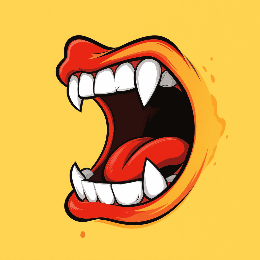 AI generated: A fun, exaggerated cartoon mouth seen from the side, wide open as if roaring or about to eat somethi...