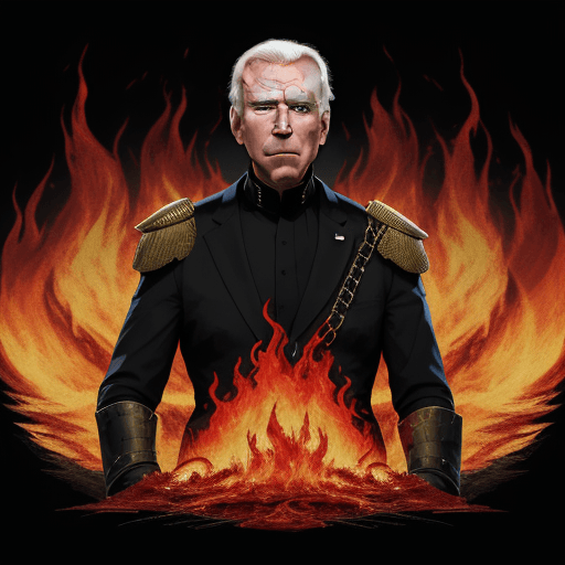 AI generated: Joe Biden as the vanquisher of mankind, the champion of blood, the last man at the end of history. s...