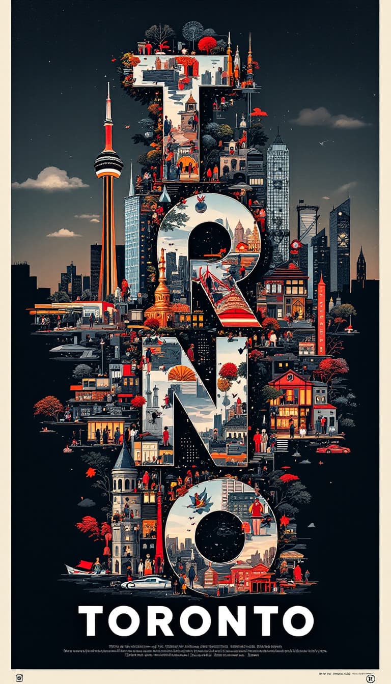 AI generated: A striking, high-contrast cinematic photo-style vertical collage that captures the essence of Toront...