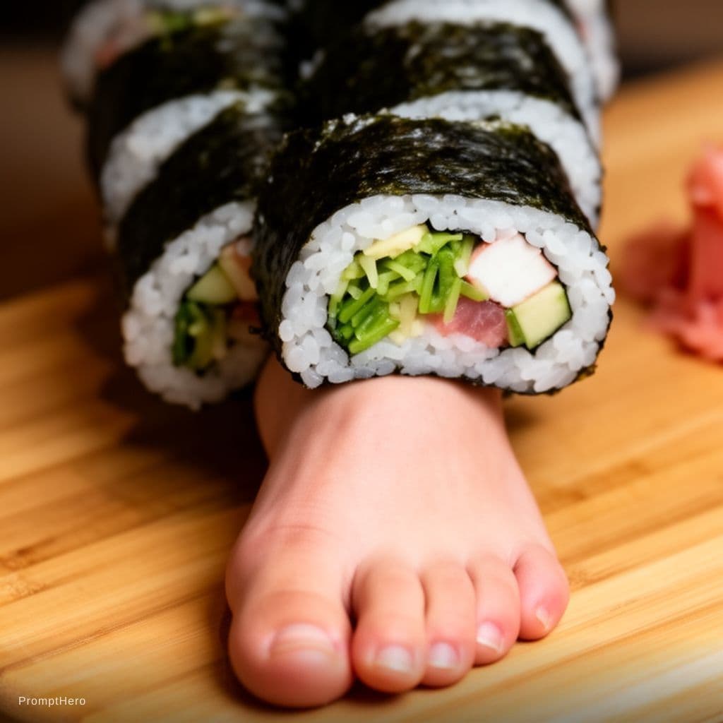 AI generated: Gagging on maki’s entire foot from heel to toe