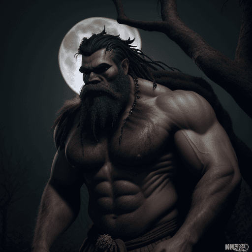 AI generated: Kapre, scary, dark hairy body and muscular giant smoking tobacco on a branch of a tree, full moon in...