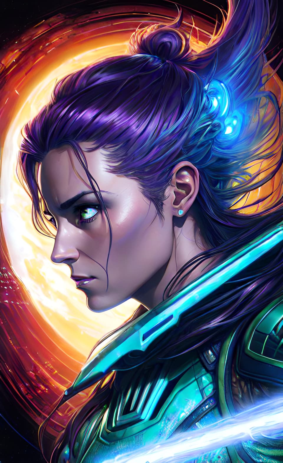 AI generated: A Fantasy sci-fi style portrait poster of female art character with long purple hair, side view with...