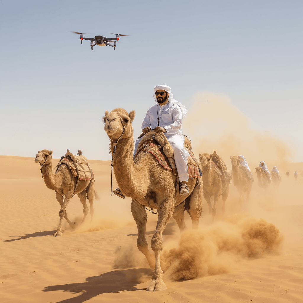 AI generated: A man in traditional white desert attire rides a camel through a sandy desert, flanked by other came...