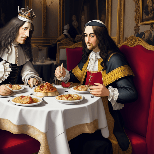 AI generated: The Pope and King Louis XIV having diner in a typical Parisian restaurant, caricature, vibrant color...