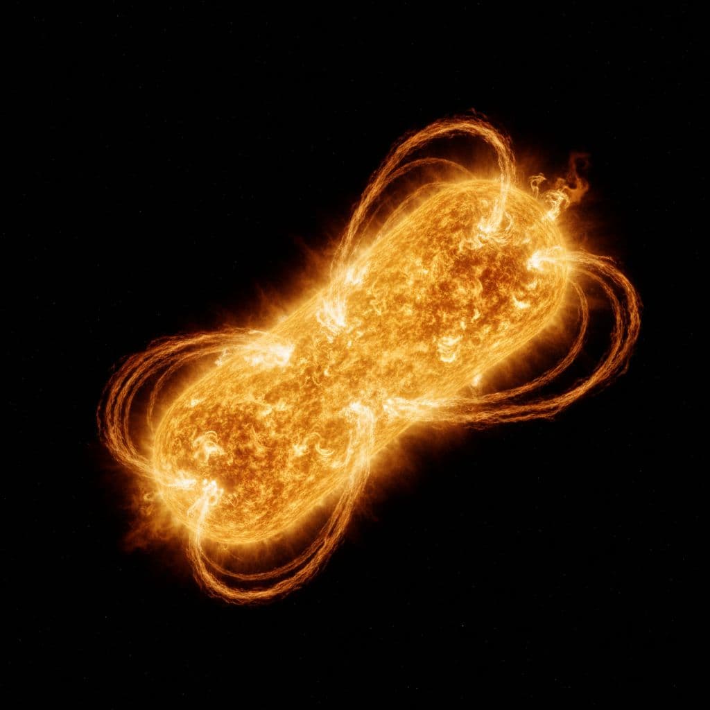 AI generated: create a photorealistic image of an oblong star. Its length is three times the diameter of Sol and i...