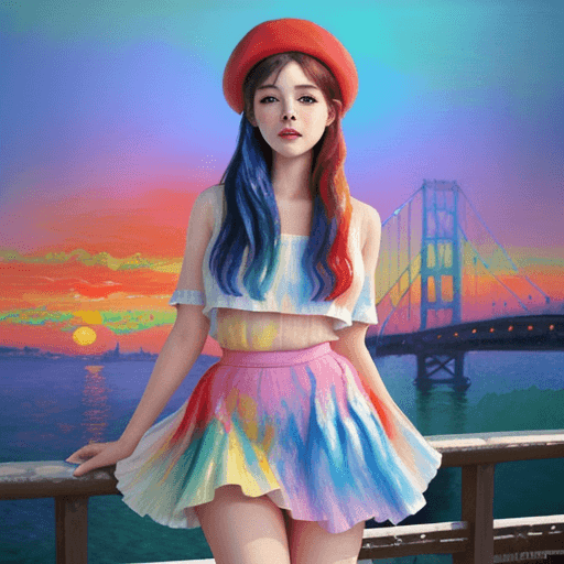 AI generated: captivating girl wearing a beret sunset, lights, vibrant colors, impressionism, beautiful, monet sty...