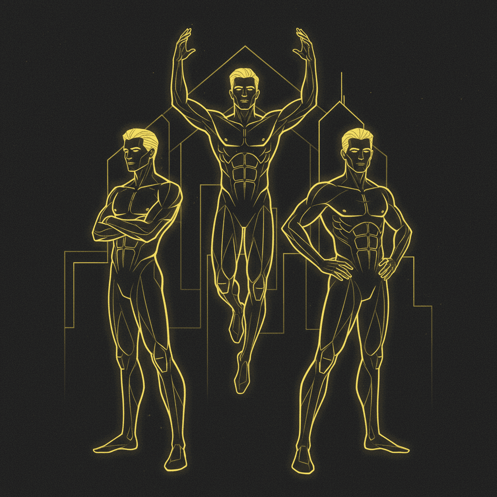 AI generated: illustration, men, three, yellow, outlines --ar 9:16