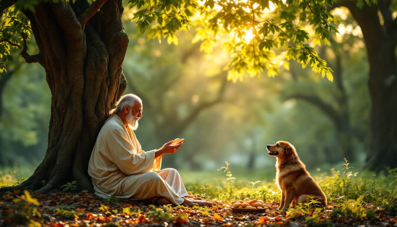 AI generated: "A sage is sitting under a large tree, and a woman is sitting beside him with folded hands. The sage...