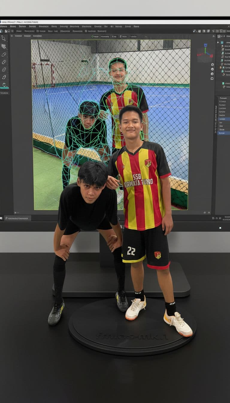 AI generated: Highly detailed 3D rendering of an action figure from this photo, dynamic pose, computer screen back...