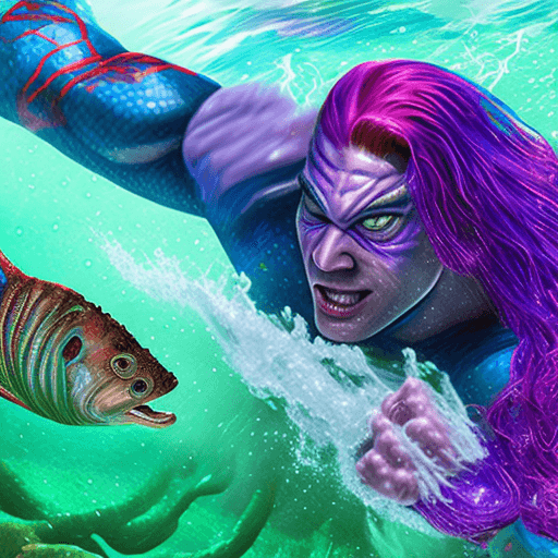 AI generated: Spiderman huge muscular young mermaid merman with fish tail with the colour green and purple gradien...