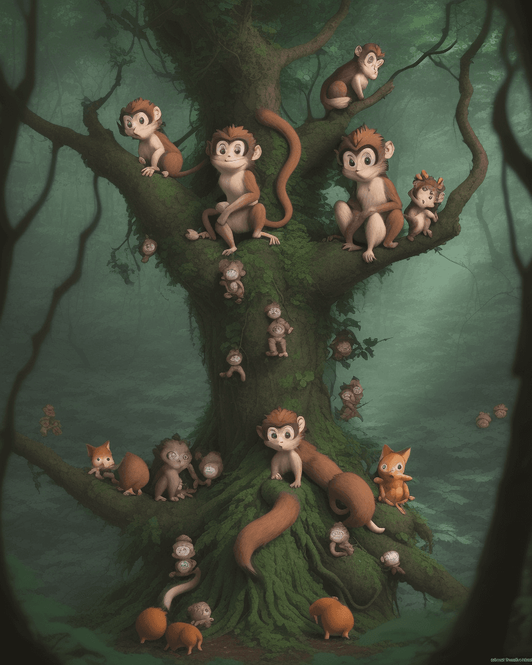 AI generated: A little monkey Mike is sitting on a high branch in the forest, and there are little hedgehogs, foxe...