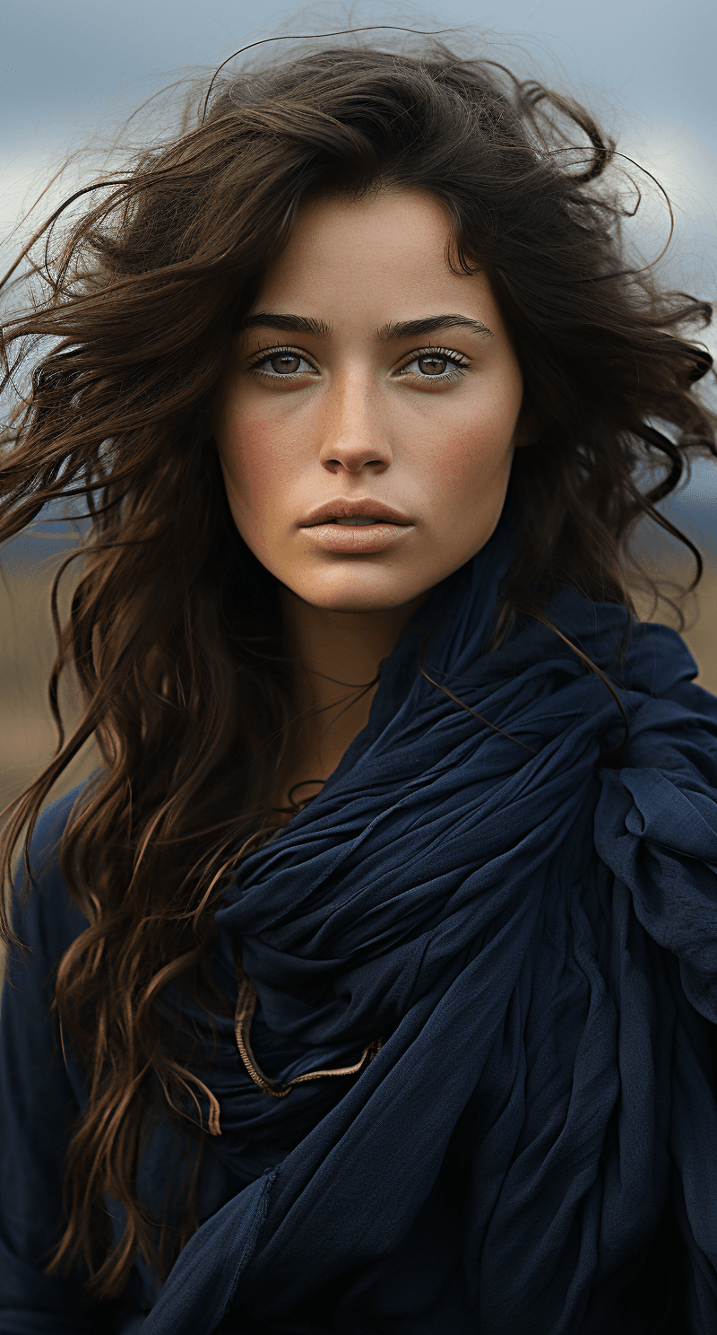 AI generated: a girl standing in a field with a scarf, in the style of dark and brooding designer, voluminous mass...