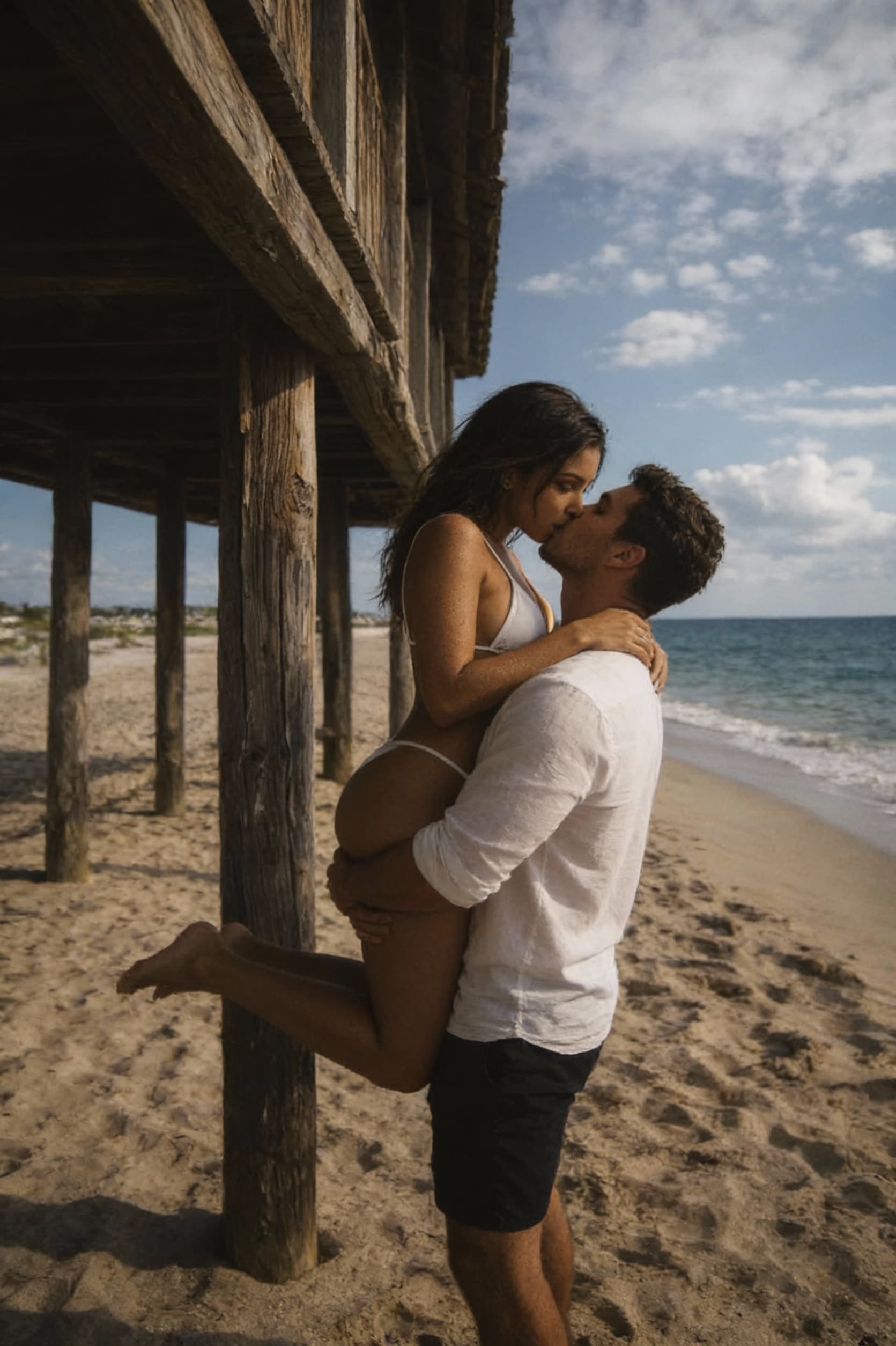 AI generated: The man lifting the women on his arms and kissing the lips