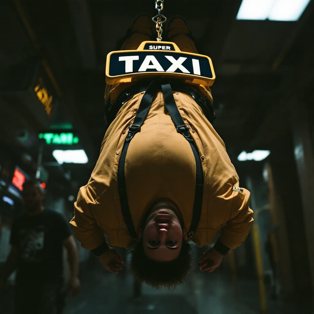 AI generated: medium shot of a super fat guy, zumo fighter dress  upside down hanged from the ceiling. taxi driver...
