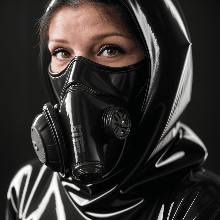 AI generated: hyper realistic headshot photo of a 40 year old woman, wearing a latex gas mask, a black latex prote...