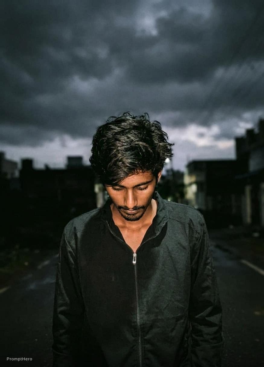 AI generated:  I am stand a place is dark and i wear dark cloth from me head to stomach background is cloudy and I...