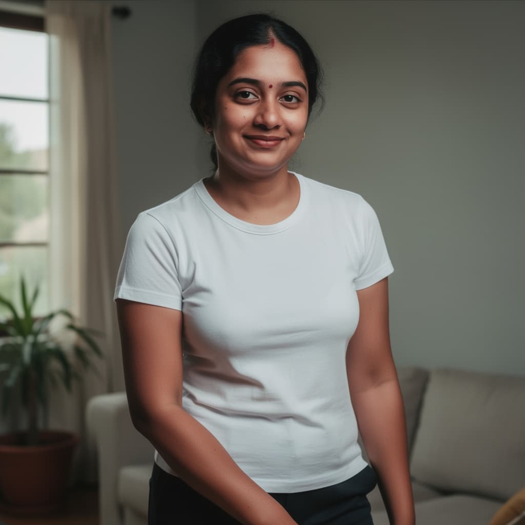 AI generated: The 30 year old woman in the film photograph is standing and leaning forward with her left arm resti...