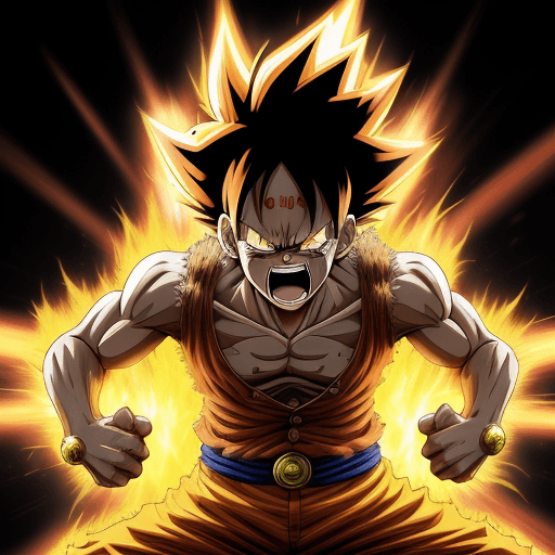 AI generated: "Artistically depict Monkey D. Luffy transformed into Super Saiyan 4, incorporating distinctive elem...