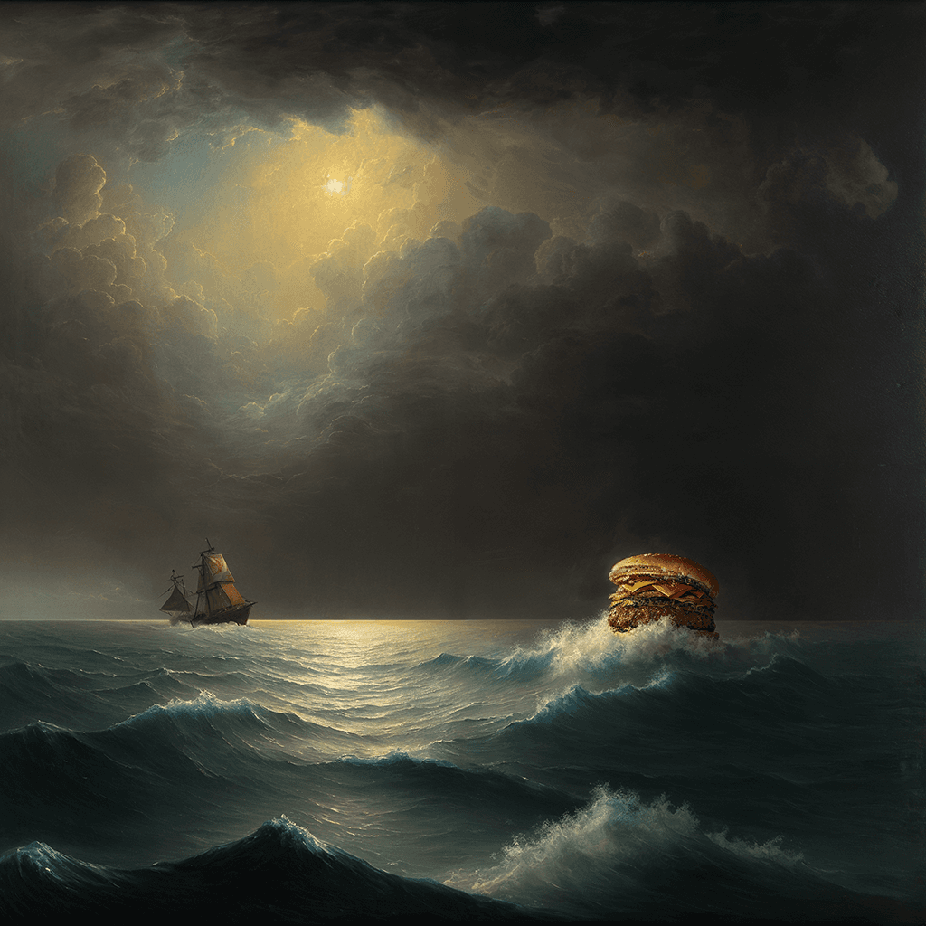 AI generated: a rough oil painting of ((a huge hamburger)) in the open sea, a storm and hamburger [by Aivazovsky]