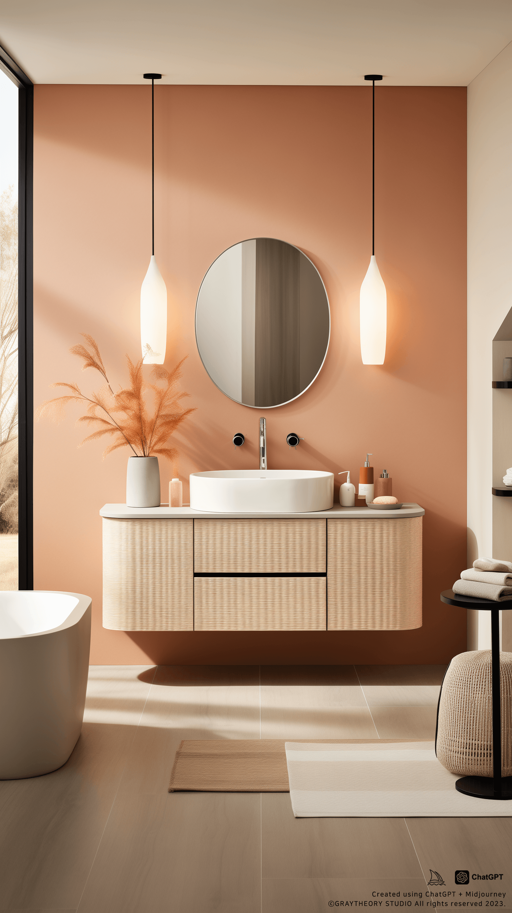 AI generated: circle mirrors in a bathroom with white walls, in the style, minimalist outlines, light pink and dar...