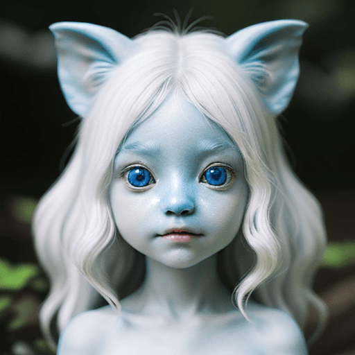 AI generated: cute magical forest spirit, close-up on face, blueish-whitish appearance, small creature, friendly f...