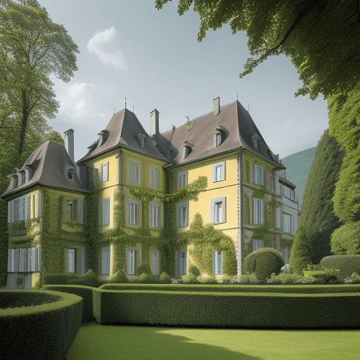 AI generated: A detailed photo of a Neuchâtel manor (surrounded by lush gardens and overlooking Lake Neuchâtel) du...