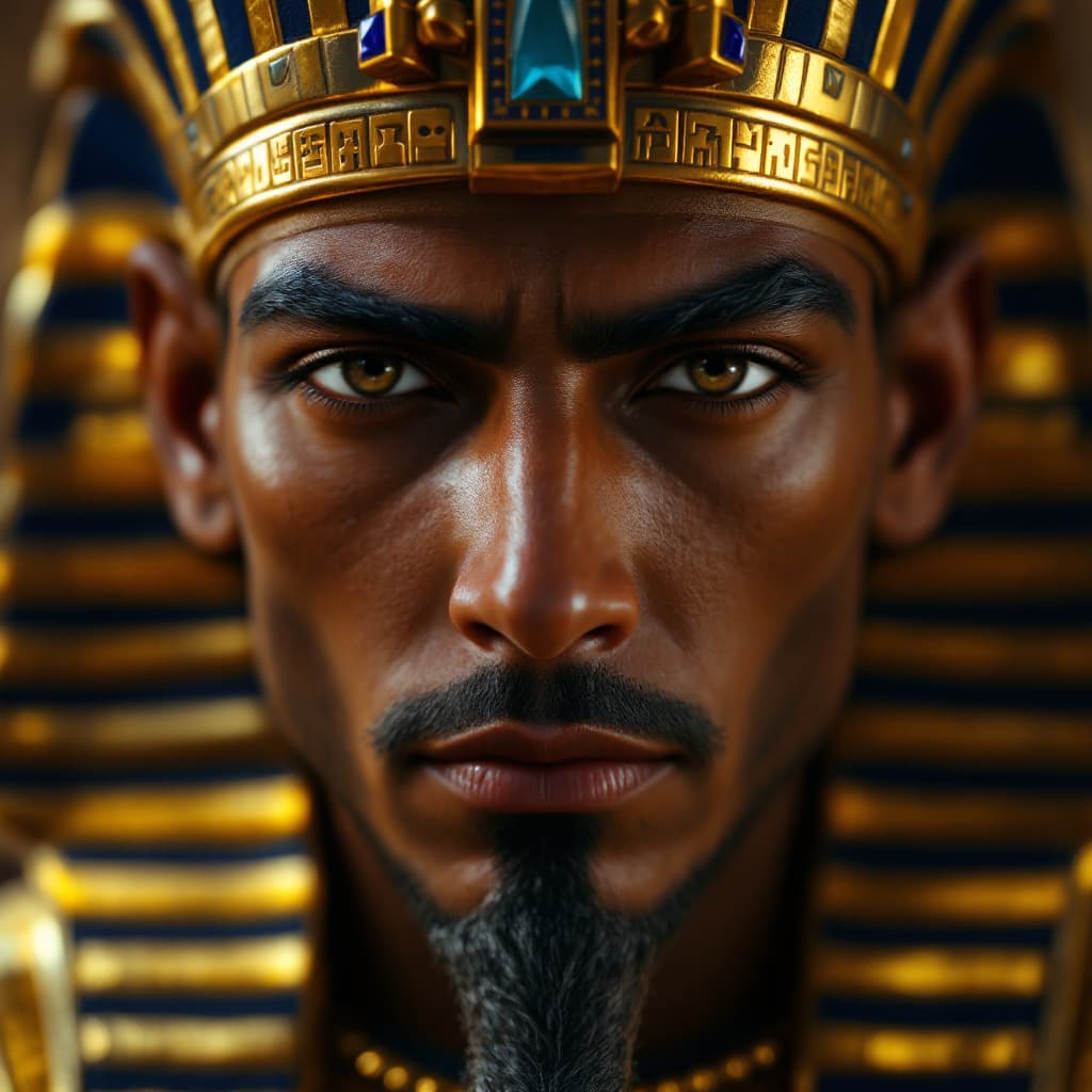 AI generated: A hyper-realistic, ultra-detailed close-up portrait of an ancient Egyptian pharaoh, centered on his ...