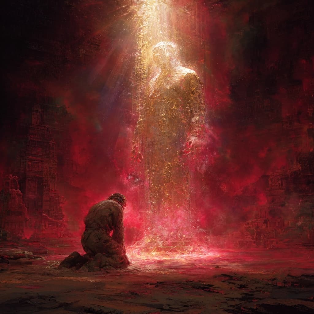 AI generated: The Final Embrace — a realistic, genderless human figure kneels alone before a colossal, faceless di...