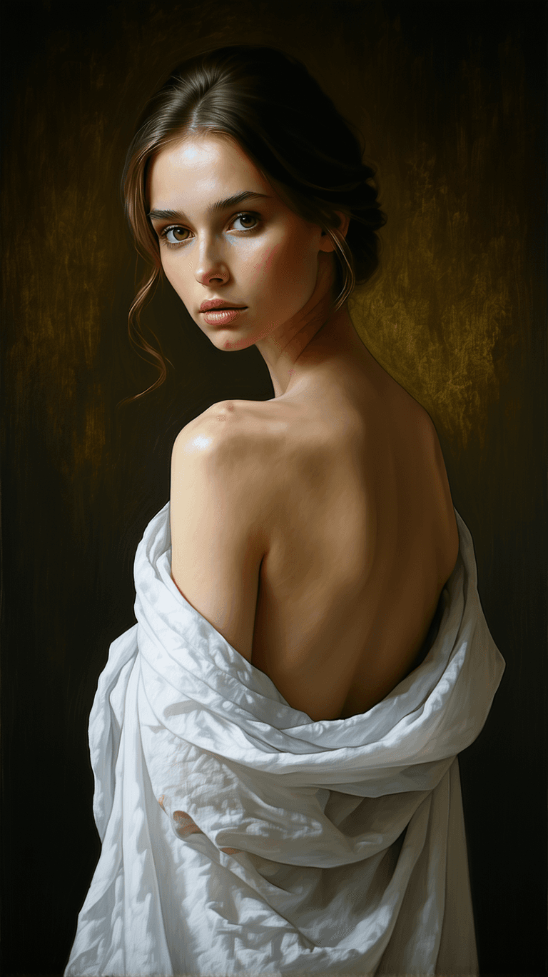 AI generated: dramatic classical oil portrait, woman with back turned, diaphanous white cloth, elegant shoulder an...