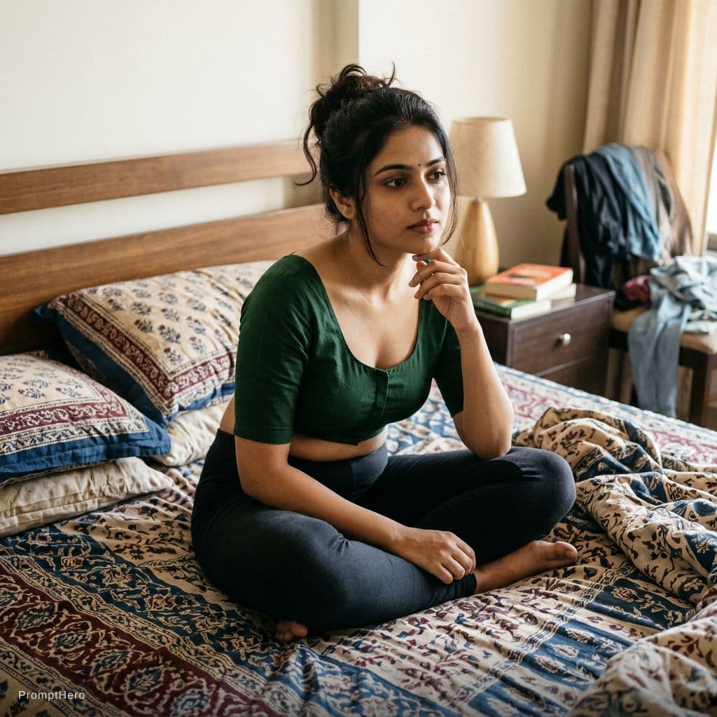 AI generated: hot glamour young indian aunty wearing only blouse without saree Only bra seating the bed 