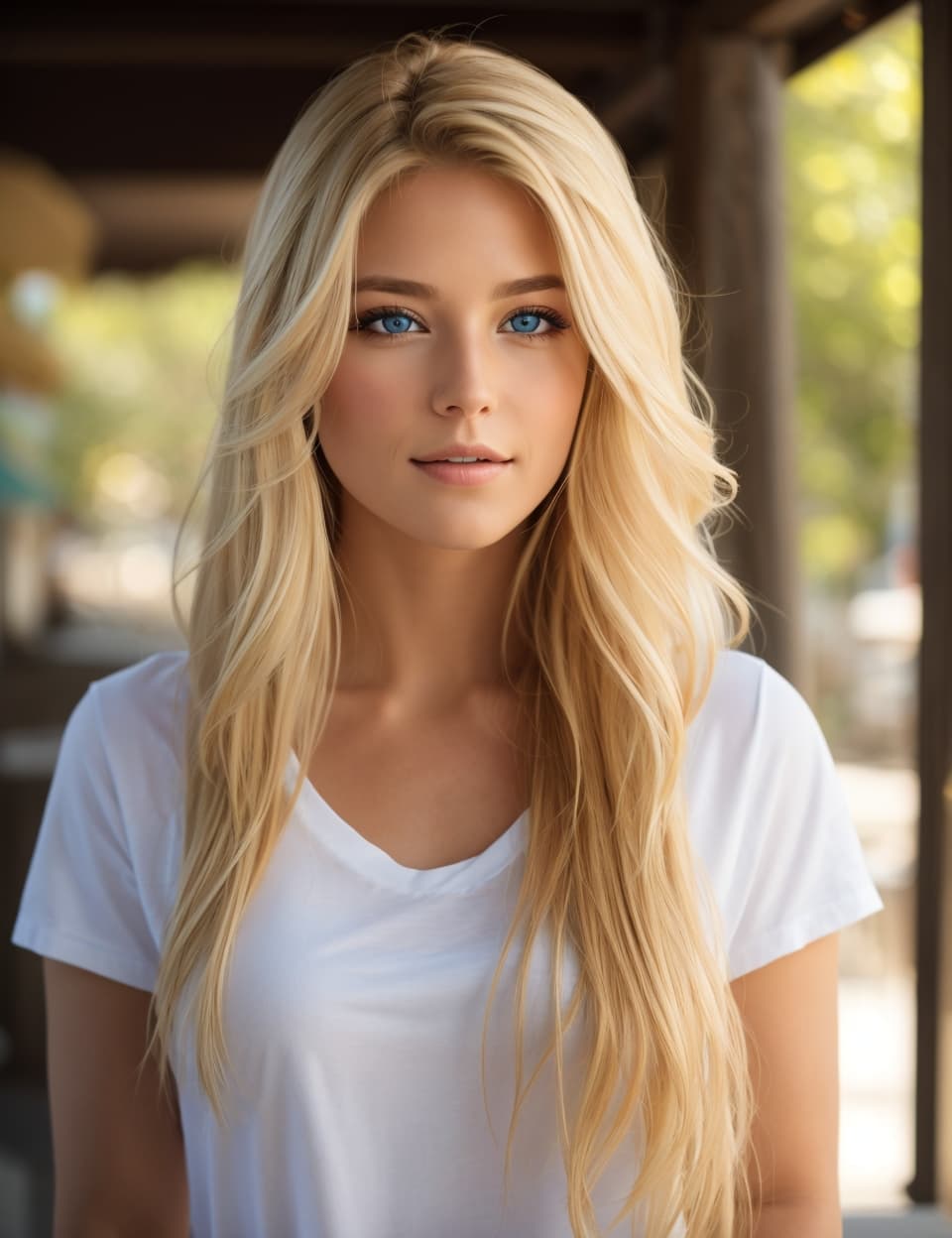 AI generated: a woman with long blonde hair and blue eyes, a photorealistic painting by Anna Katharina Block, tren...