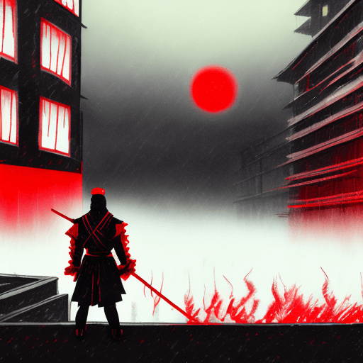 AI generated: a ninja in red and black samurai outfit, glow red eyes:2, at night, black and red buildings , dark f...