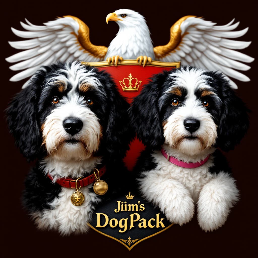 AI generated: magina photorealistic photo. coat of arms shield. on the shield writing in gold JIMs DogPack. on the...
