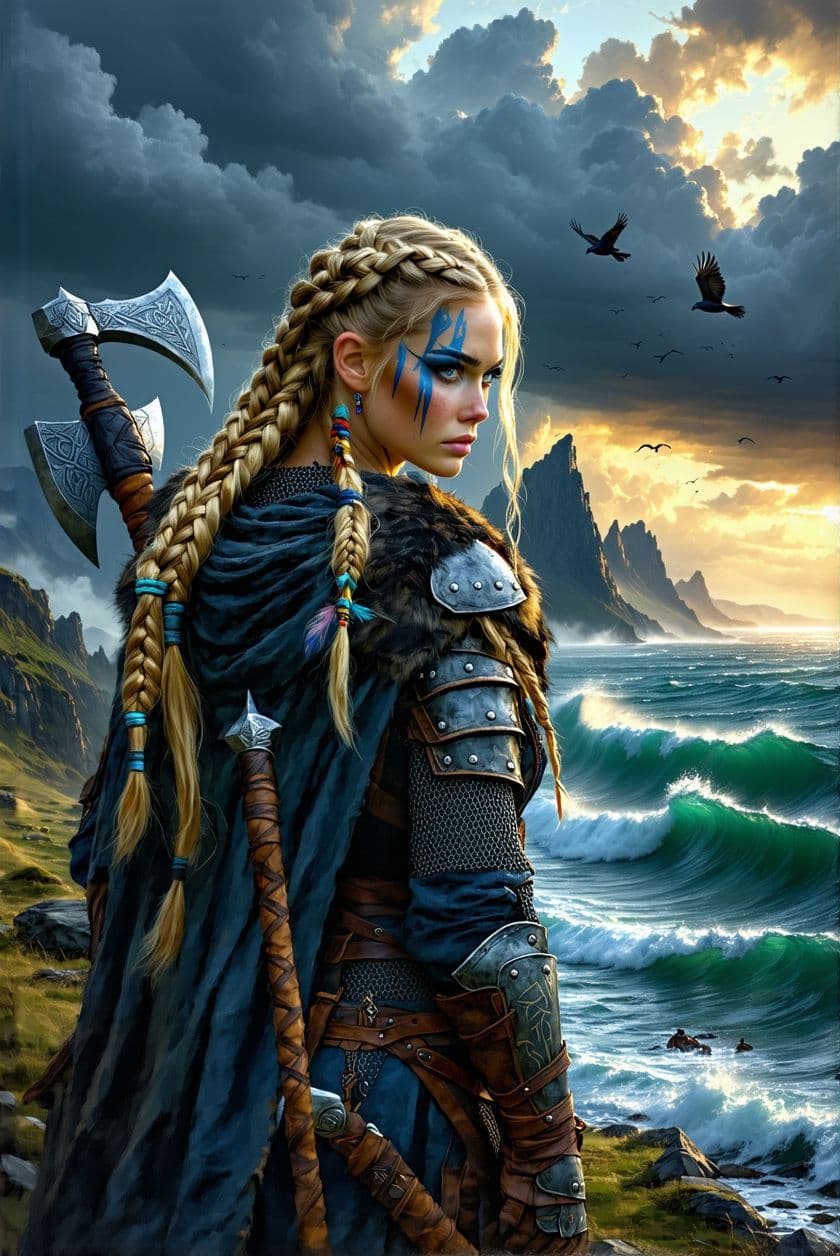 AI generated: Full-color fantasy illustration of a fierce Viking warrior woman with long braided blonde hair, deco...
