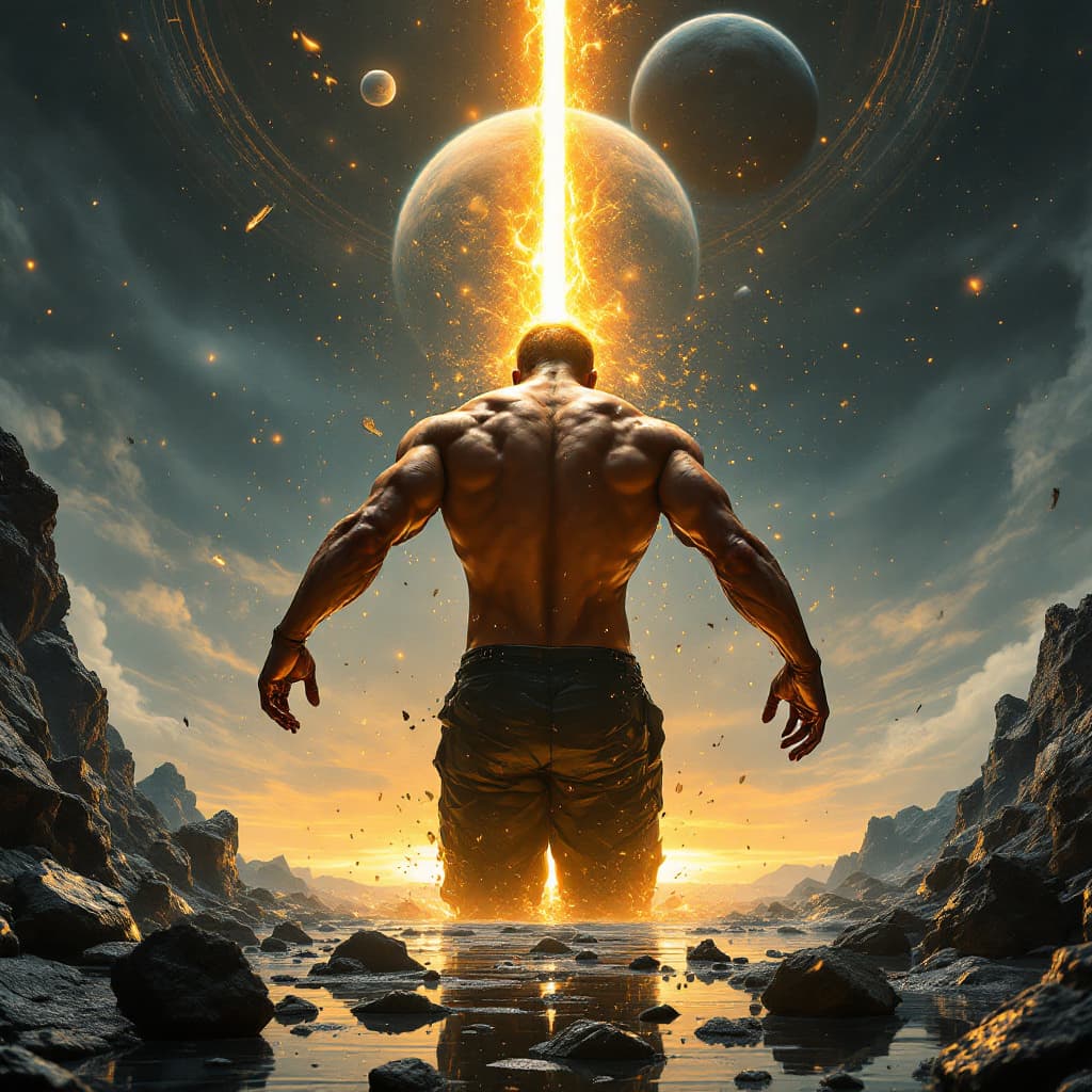 AI generated: Darkwave, synthwave,  epic music album cover. It portrays a close up of a floating very muscular per...